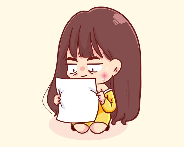 Young girl shocked reading letter cartoon illustration