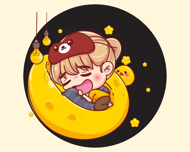 Young Girl sleeping on moon cartoon illustration