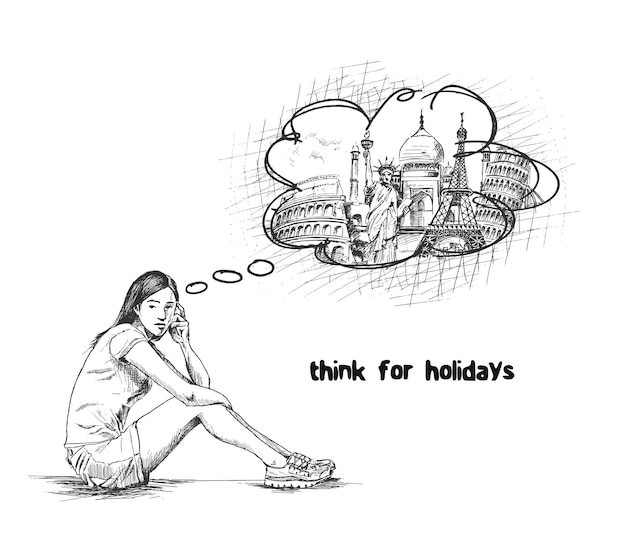 Free vector young girl think for holiday trip hand drawn sketch vector illustration