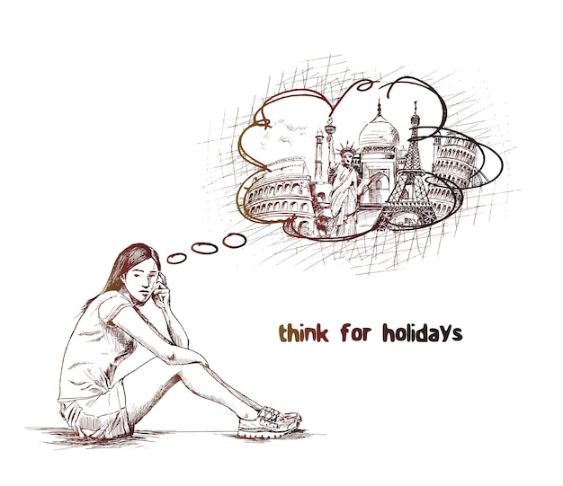 Free vector young girl think for holiday trip hand drawn sketch vector illustration