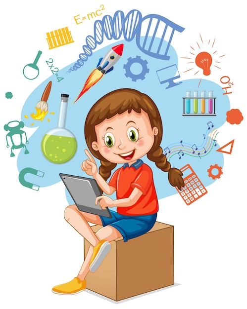 Бесплатное векторное изображение Молодая девушка с помощью планшета с иконами образования