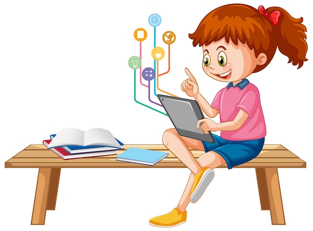 Free vector young girl using tablet with education icons