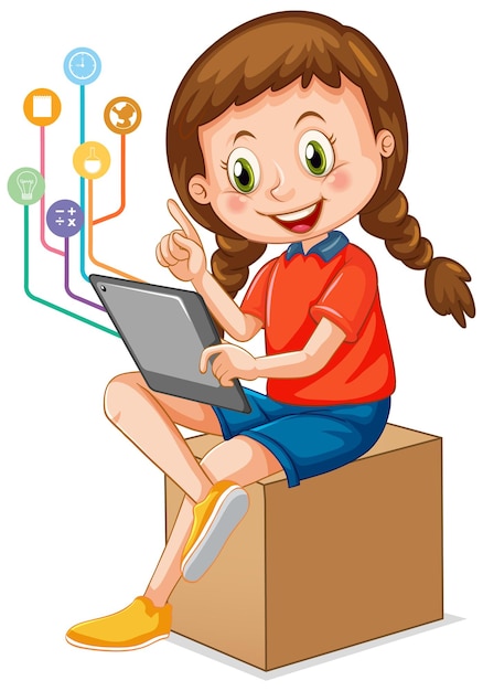Молодая девушка с помощью планшета с иконами образования