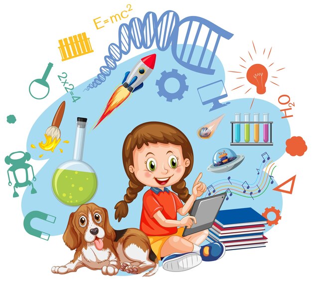 young girl using tablet with education objects
