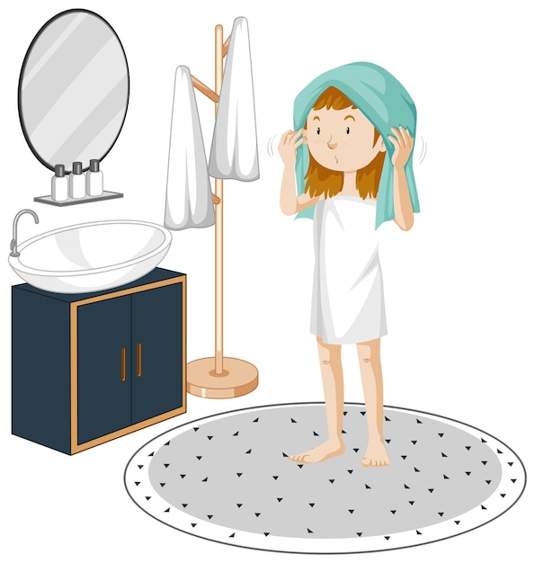 A young girl with bathroom furniture elements on white background