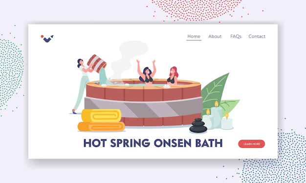 Young girls enjoy thermal water pool landing page template. woman pour water in onsen bath with happy characters relaxing. natural japanese spa resort, hot springs. cartoon people vector illustration