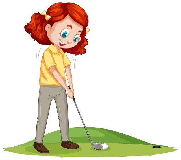 골프를 치는 젊은 골프 선수 만화 캐릭터