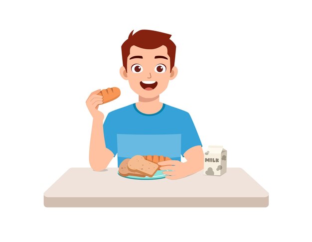 幸せなかわいい女の子のイラストは 健康的な食べ物を食べる プレミアムベクター