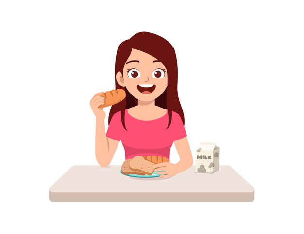 幸せなかわいい女の子のイラストは 健康的な食べ物を食べる プレミアムベクター