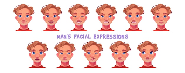 Free vector young guy facial expression cartoon vector set adult man face with different emotions male portrait with neutral feeling and sad laughing and angry embarrassed and surprised winking his eye