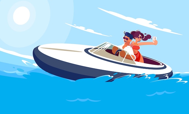 Young guy with a girl ride a boat on the sea on a sunny summer day. girl makes selfie with her boyfriend on a moving boat.