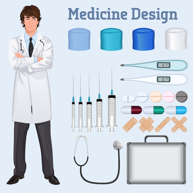 Free vector young handsome healthcare doctor in white lab coat arms crossed with medical accessories set concept poster