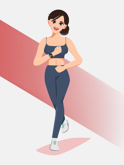 Free vector young healthy woman exercise with running character. flat cartoon vector design.