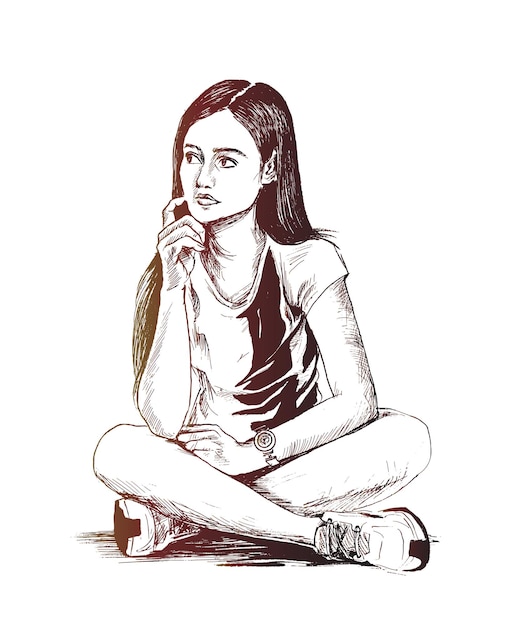 Vettore gratuito giovane donna indiana pensando su sfondo bianco