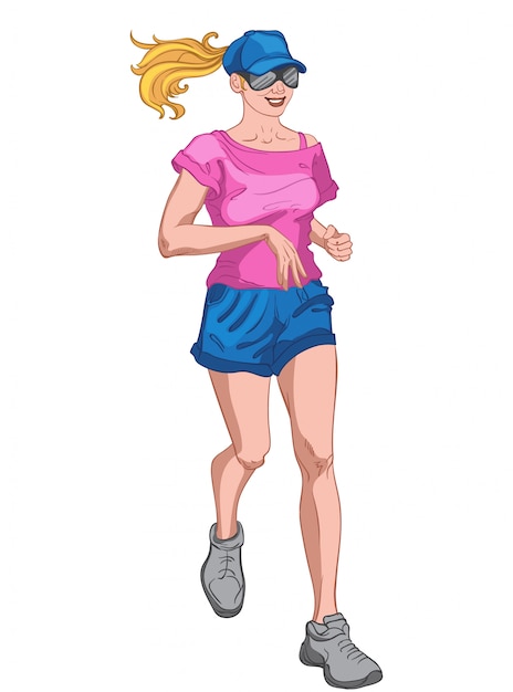 Young joyful blonde woman dressed in blue cap and shorts, pink t-shirt, sunglasses and gray shoes jogging