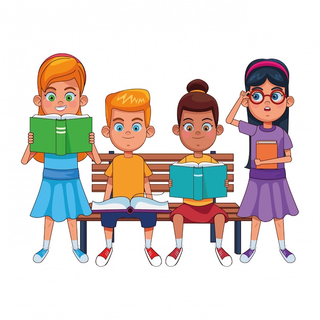 Free vector young kids with books on a bench