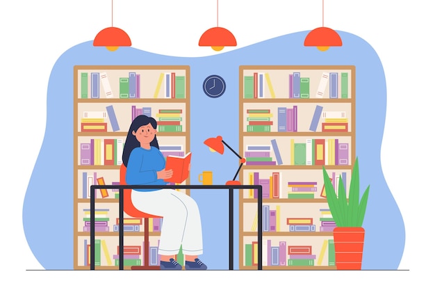Молодой студент читает книгу, учится в интерьере библиотеки. Женщина, сидящая за столом, полки книжного шкафа, полные книг плоской векторной иллюстрации. Образование, знания, концепция клуба читателей