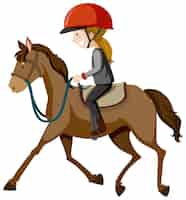 Free vector young lady wearing helmet or rider riding a horse cartoon isolated