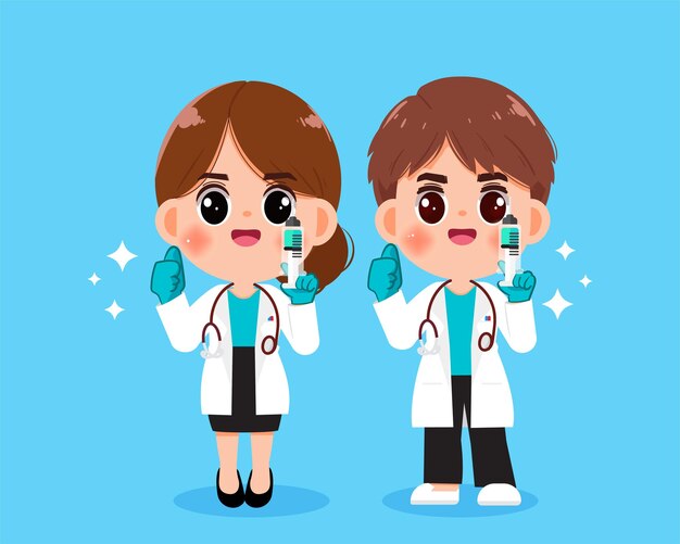 Young male doctor and young female doctor holding syringe vaccine healthcare and medical concept drawn cartoon art illustration