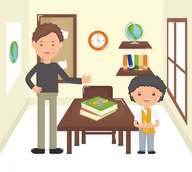 Free vector young male teacher with student boy in the classroom