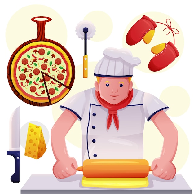 Young man in chef uniform making pizza with tools