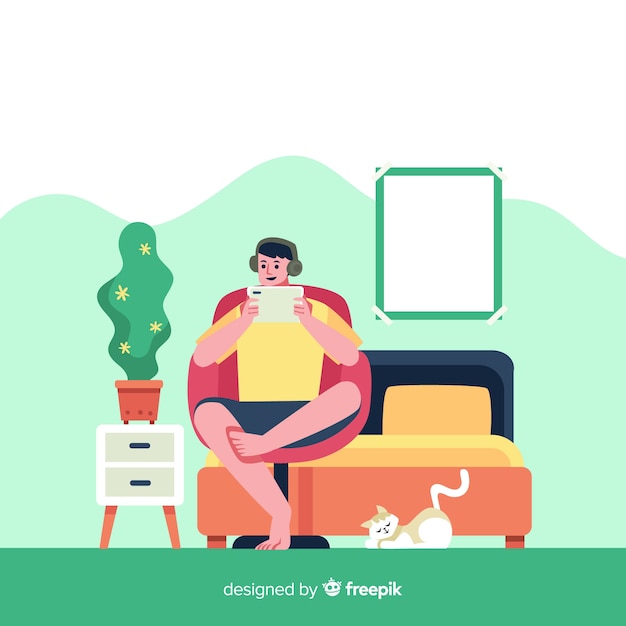 Free vector young man doing activities at home. character design