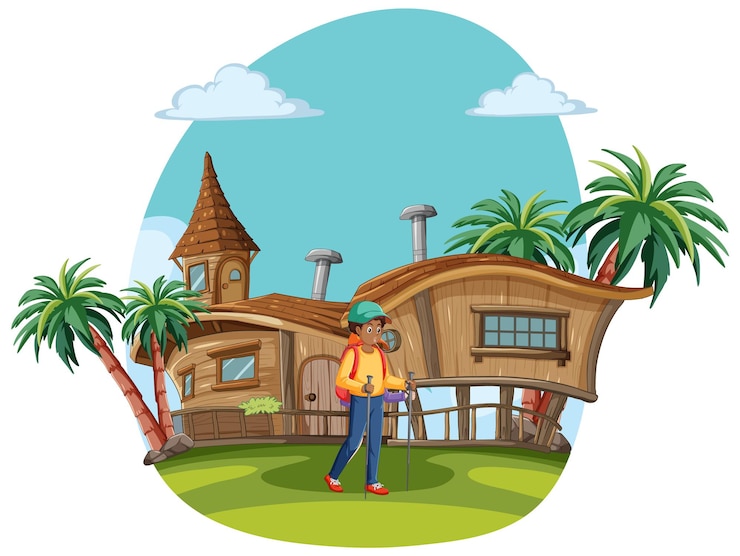 Free Vector young man exploring tropical treehouse