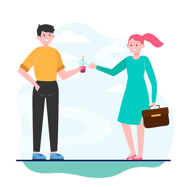 Free vector young man giving bubble tea to girl