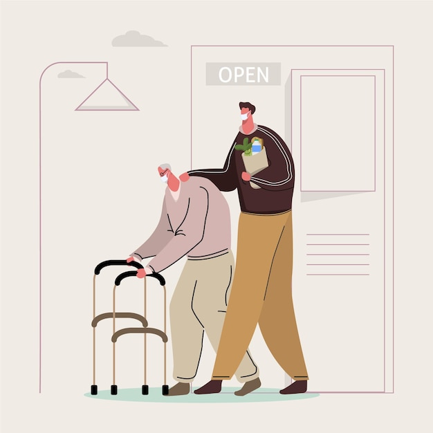 Бесплатное векторное изображение Молодой человек помогает пожилому человеку
