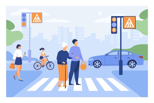 Young man helping old woman crossing road flat illustration. cartoon elderly walking town crosswalk with help of guy