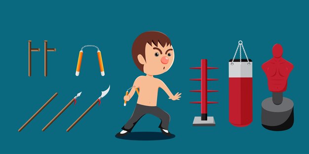 Young man in kung fu martial with equipment and weapon for practice in cartoon style for graphic designer vector