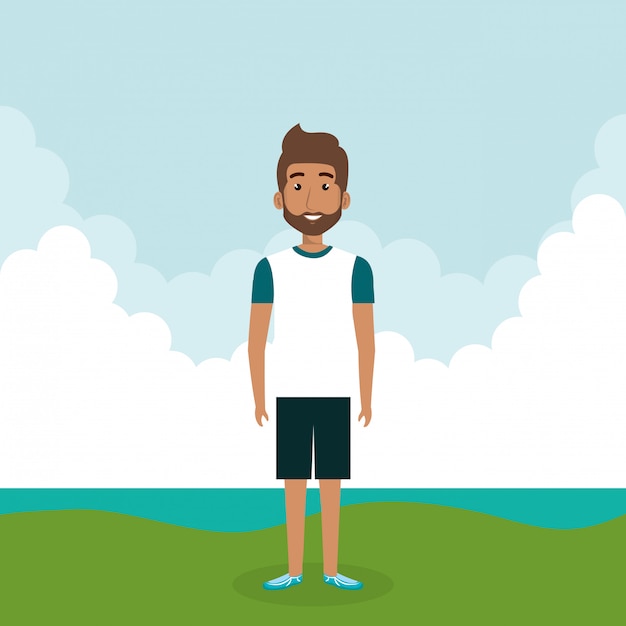 Free vector young man in the landscape character scene