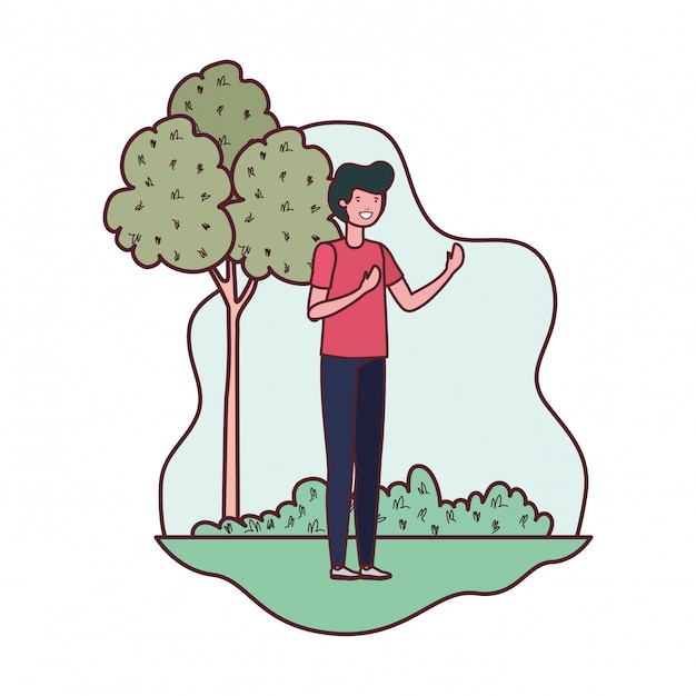 Free vector young man in landscape with trees and plants