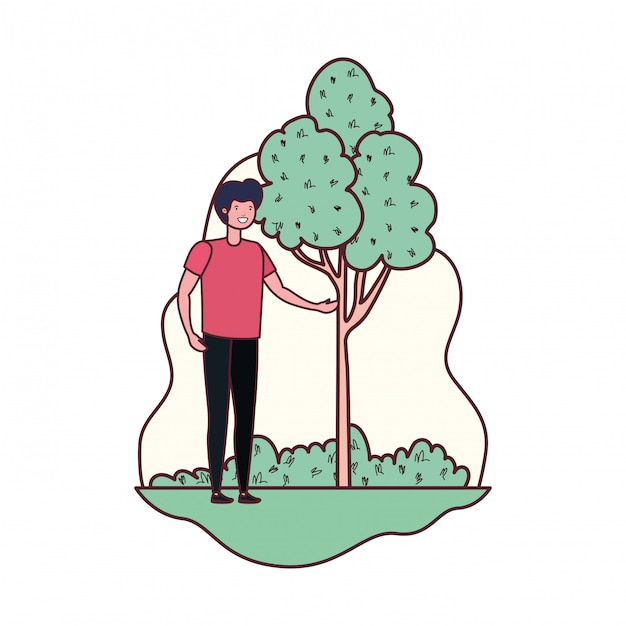 Free vector young man in landscape with trees and plants