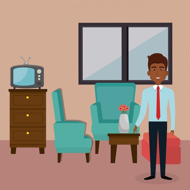 Free vector young man in the living room character scene