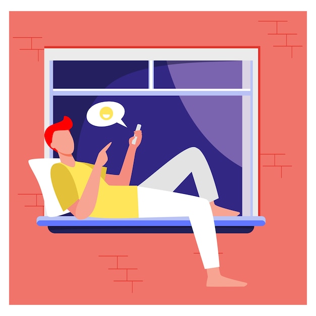 Young man lying on window and chatting via phone. Smartphone, social media, guy flat vector illustration. Communication and digital technology