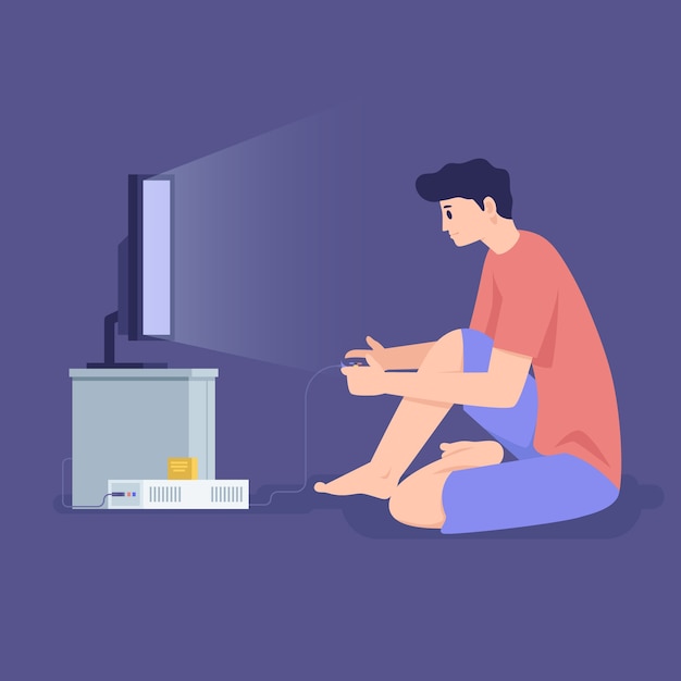 Молодой человек, играя в онлайн-видеоигры в ночи