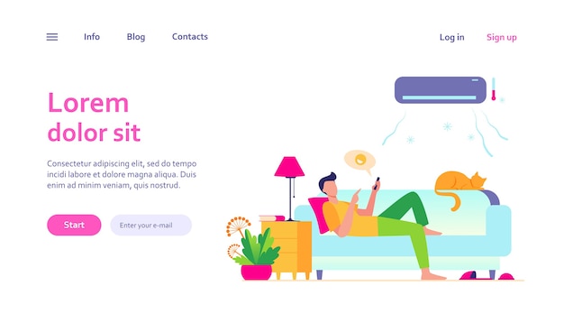 Молодой человек отдыхает на диване под кондиционером. Мультфильм парень в холодной комнате в чате через смартфон. Цифровые технологии и концепция летнего дома