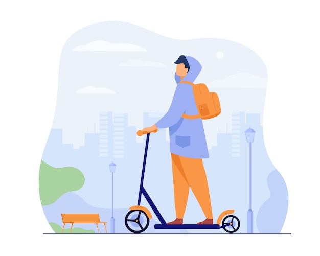 Free vector young man riding electric scooter isolated flat vector illustration. cartoon hipster riding along sidewalk in city park.