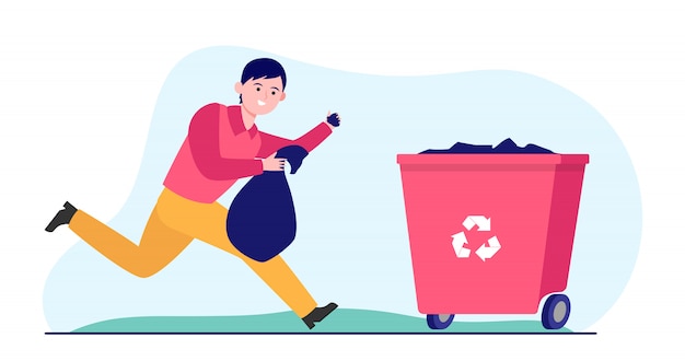 Free vector young man running and carrying trash out