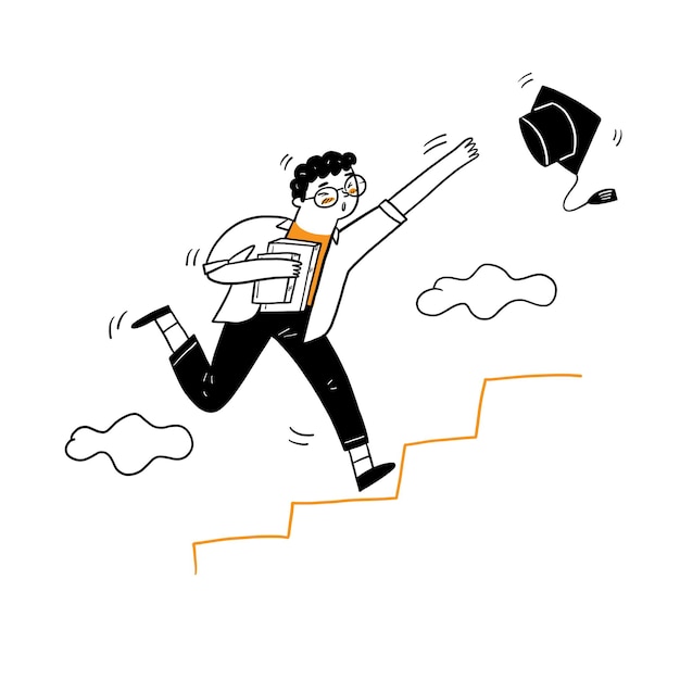 卒業帽をつかむために階段に駆け上がる若い男、ベクトルイラスト漫画落書きスタイル