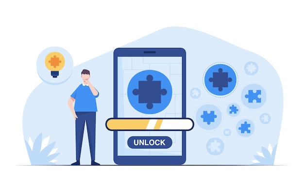 A young man selects a puzzle piece to insert the correct puzzle piece to unlock new ideas Vector illustration character flat design