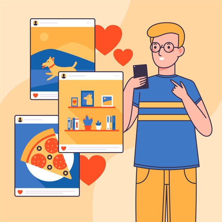 Free Vector young man sharing content on social media app