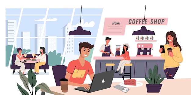 Молодой человек сидит за ноутбуком в магазине кофе. люди пьют кофе и разговаривают