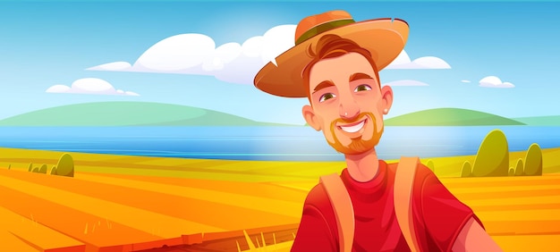 Бесплатное векторное изображение Молодой человек улыбается на фоне реки и полей