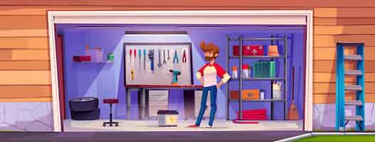 Free vector young man stands at entrance to garage with rack and wall board for storage working tools and car repair elements cartoon vector illustration of carport and storeroom interior with instruments