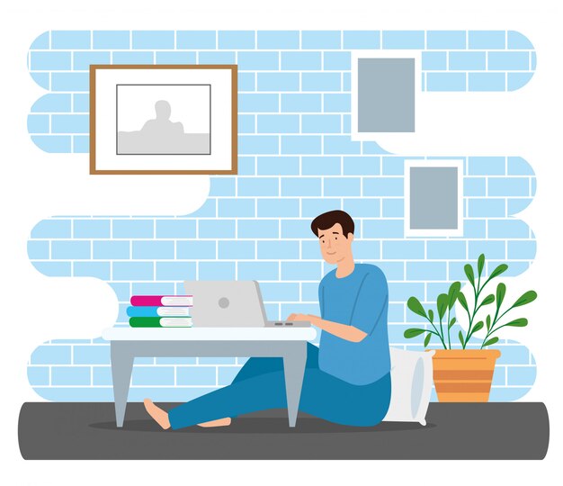 Free vector young man stay at home using laptop