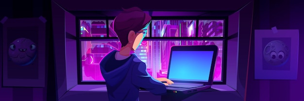 Free vector young man using laptop standing by window at night