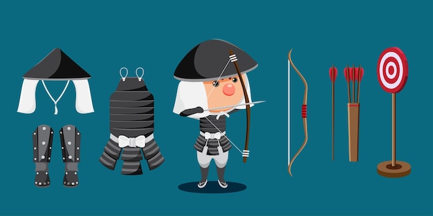 Free vector young man in various fighter costume with weapon in cartoon style for graphic designer vector illustration