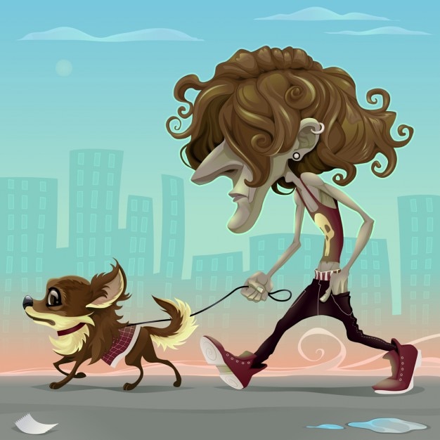 Vettore gratuito guy con il cane a piedi per la strada vector cartoon illustrazione